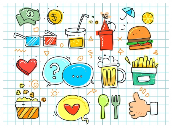 Colorful Doodle, Soda, Cartoon, Set, Fries, Fast, Eat