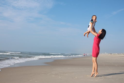 Mother, Son, Ocean, Beach, Sand, Waves