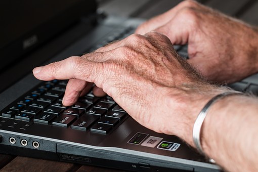 Hands, Old, Typing, Laptop, Internet